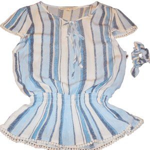 Blouse Tunic JUNIOR NWT Striped Blue cup sleeve top shirt casual beach summer
